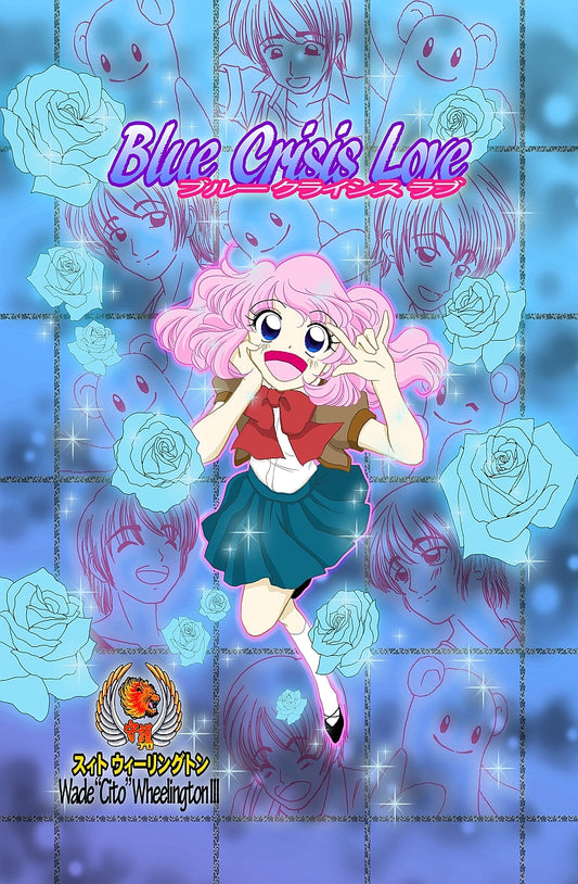Cover art of manga series Blue Crisis Love with pink haired Mika-chan surrounded by blue roses