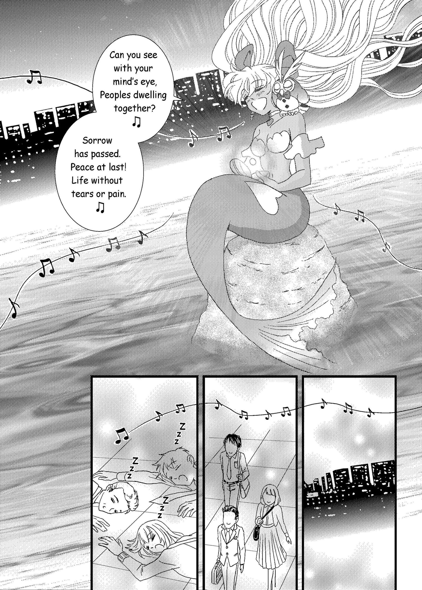 Mermaid Namiko holding owl Oliver singing a lullaby to the city with a cityscape background in hit shoujo manga series Love or Duty