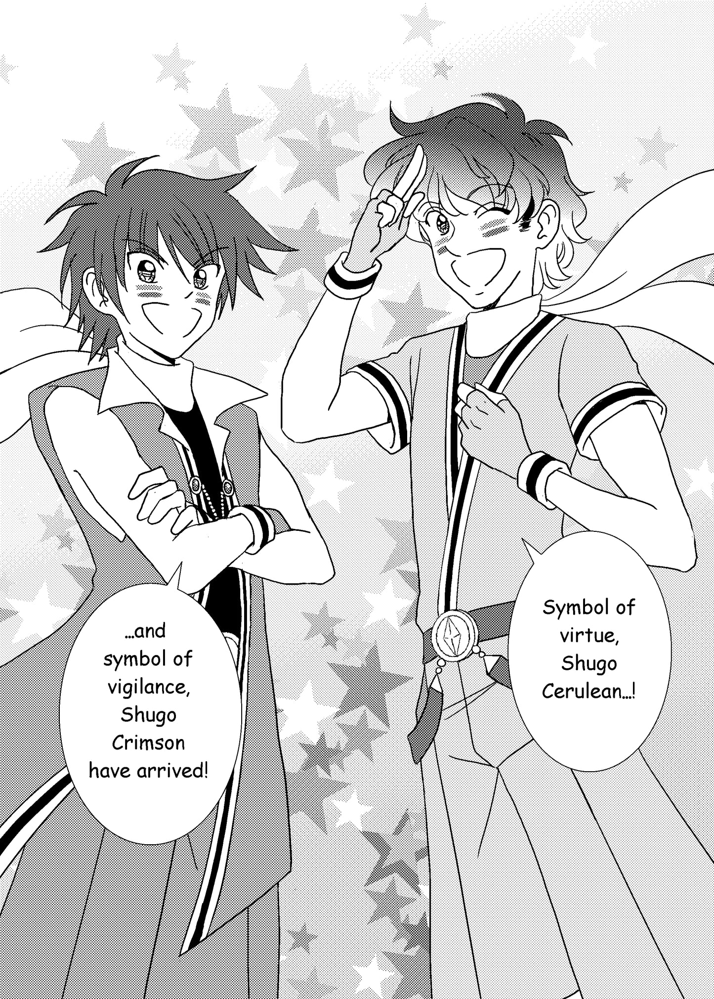 Heroes Shugo Cerulean and Shugo Crimson make an entrance surrounded by stars in hit shoujo manga series Love or Duty