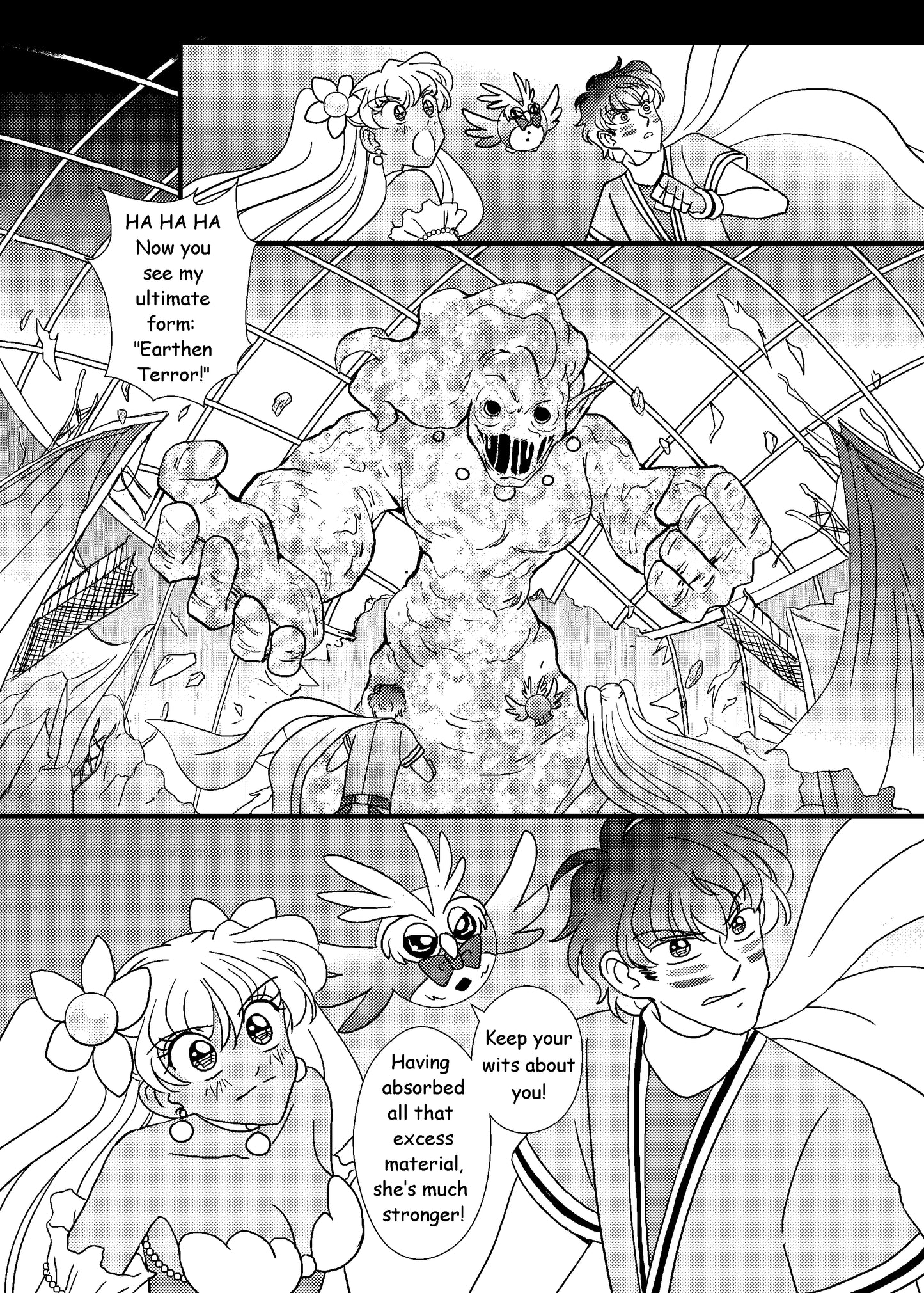 Pearl Maiden, Oliver, and Shugo Cerulean prepare for battle with gigantic clay monster in hit shoujo manga series Love or Duty