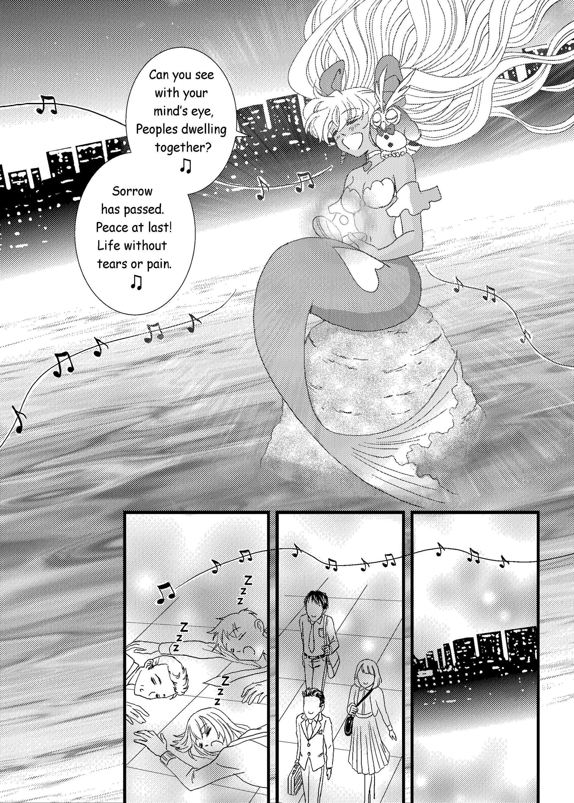 Mermaid Namiko holding owl Oliver singing a lullaby to the city with a cityscape background in hit shoujo manga series Love or Duty