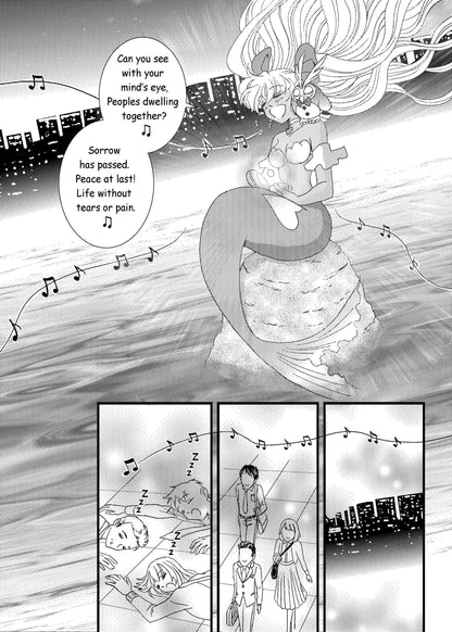 Mermaid Namiko holding owl Oliver singing a lullaby to the city with a cityscape background in hit shoujo manga series Love or Duty