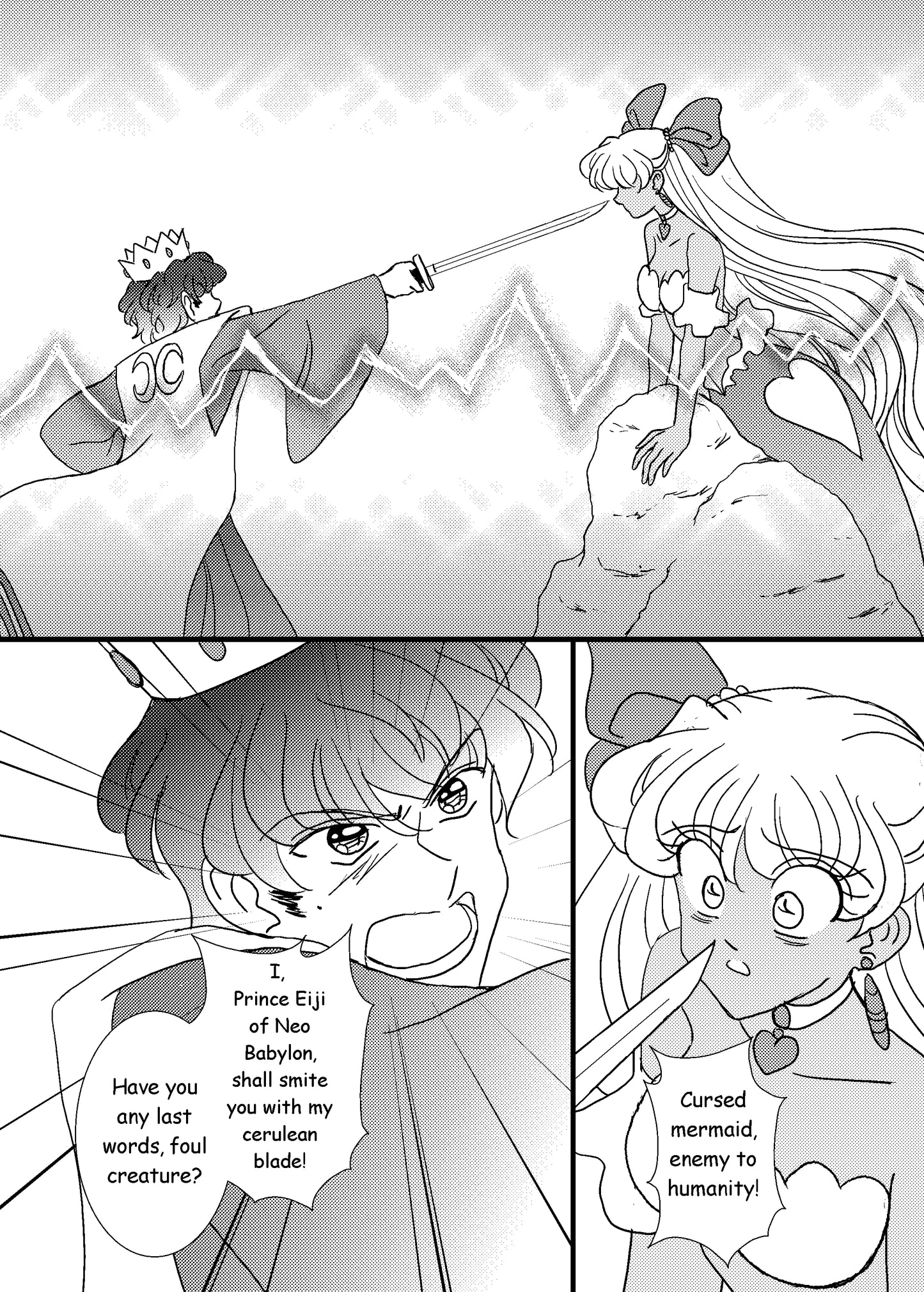 Prince Eiji draws his cerulean blade, pointing it at mermaid Namiko's nose in hit shoujo manga series Love or Duty